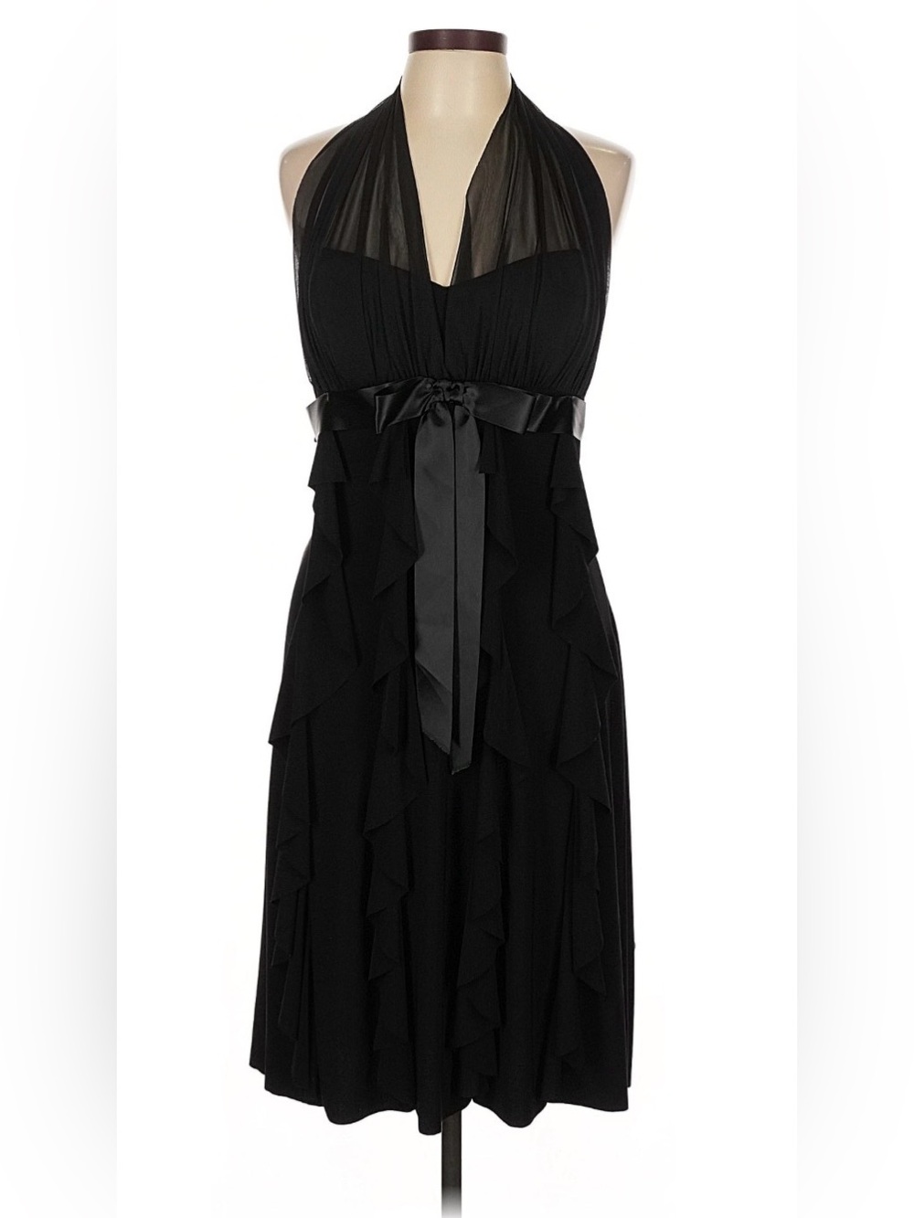 Black Halter Ruffle Midi Dress with Satin Waist Tie
